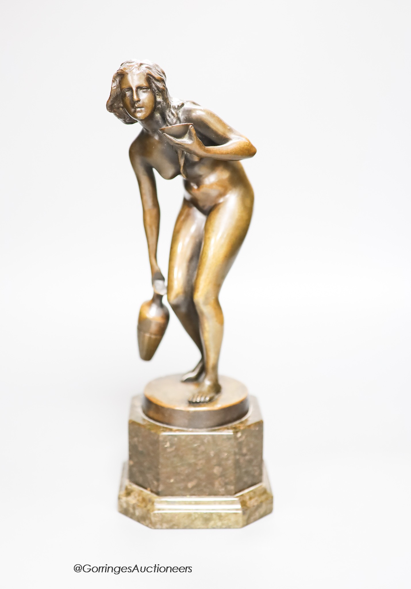 Franz Peleschka Lunar (b.1873). A bronze of a maiden carrying a water jug, on serpentine base, height 34cm